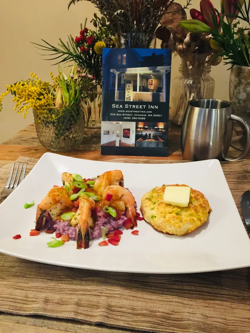 Shrimp and grits with a buttermilk biscuit
